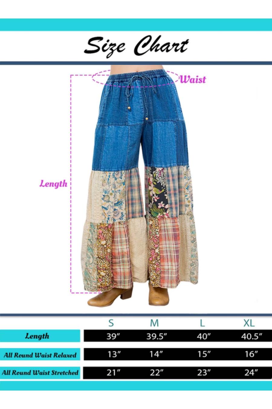 YT Spring Skies Bohemian Charm Tiered Patchwork Denim Pants
