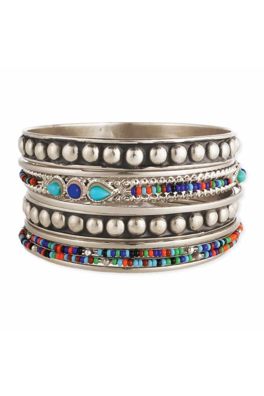Colorful Silver 9 Multi Bead Bangle Set
