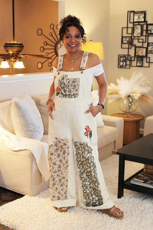 POL Flower Lover Embroidery Patchwork Overalls