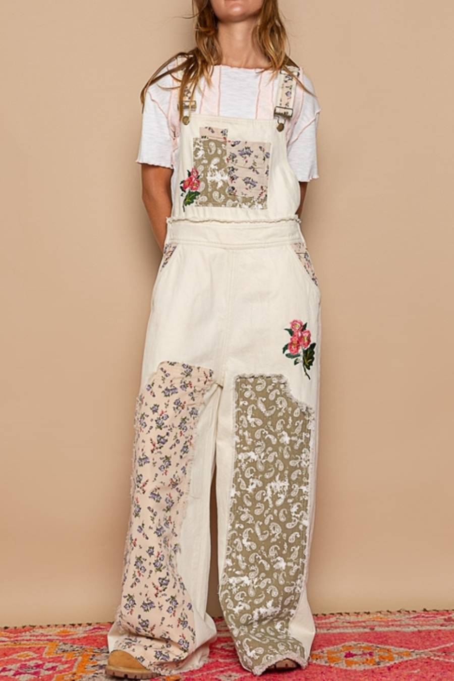 POL Flower Lover Embroidery Patchwork Overalls