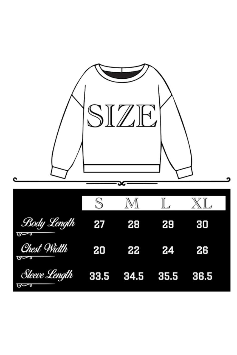 White sweatshirt with 'SIZE' text above a size chart on a white background