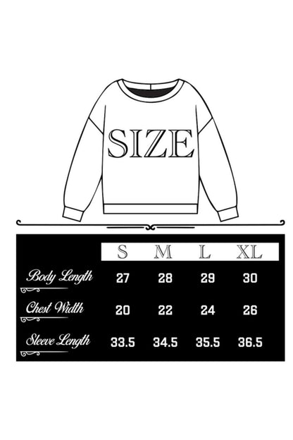 White sweatshirt with 'SIZE' text above a size chart on a white background