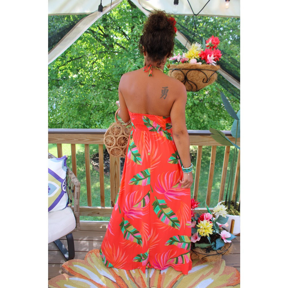 Women's Fiesta Red Color Halter Havana Nights Tropical Leaf Print Maxi Dress S Women's Fiesta Red Color Halter Havana Nights Tropical Leaf Print Maxi Dress S