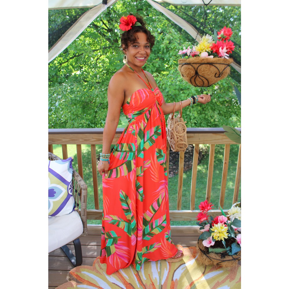 Women's Fiesta Red Color Halter Havana Nights Tropical Leaf Print Maxi Dress S Women's Fiesta Red Color Halter Havana Nights Tropical Leaf Print Maxi Dress S