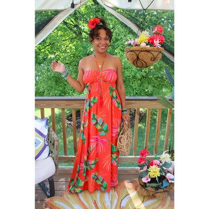 Women's Fiesta Red Color Halter Havana Nights Tropical Leaf Print Maxi Dress S Women's Fiesta Red Color Halter Havana Nights Tropical Leaf Print Maxi Dress S