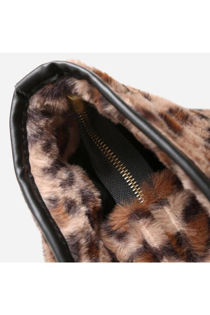 Leopard print tote bag with a gold zipper & black handles.