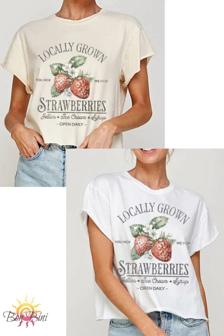 Locally Grown Strawberries Vintage Style Long Crop Top