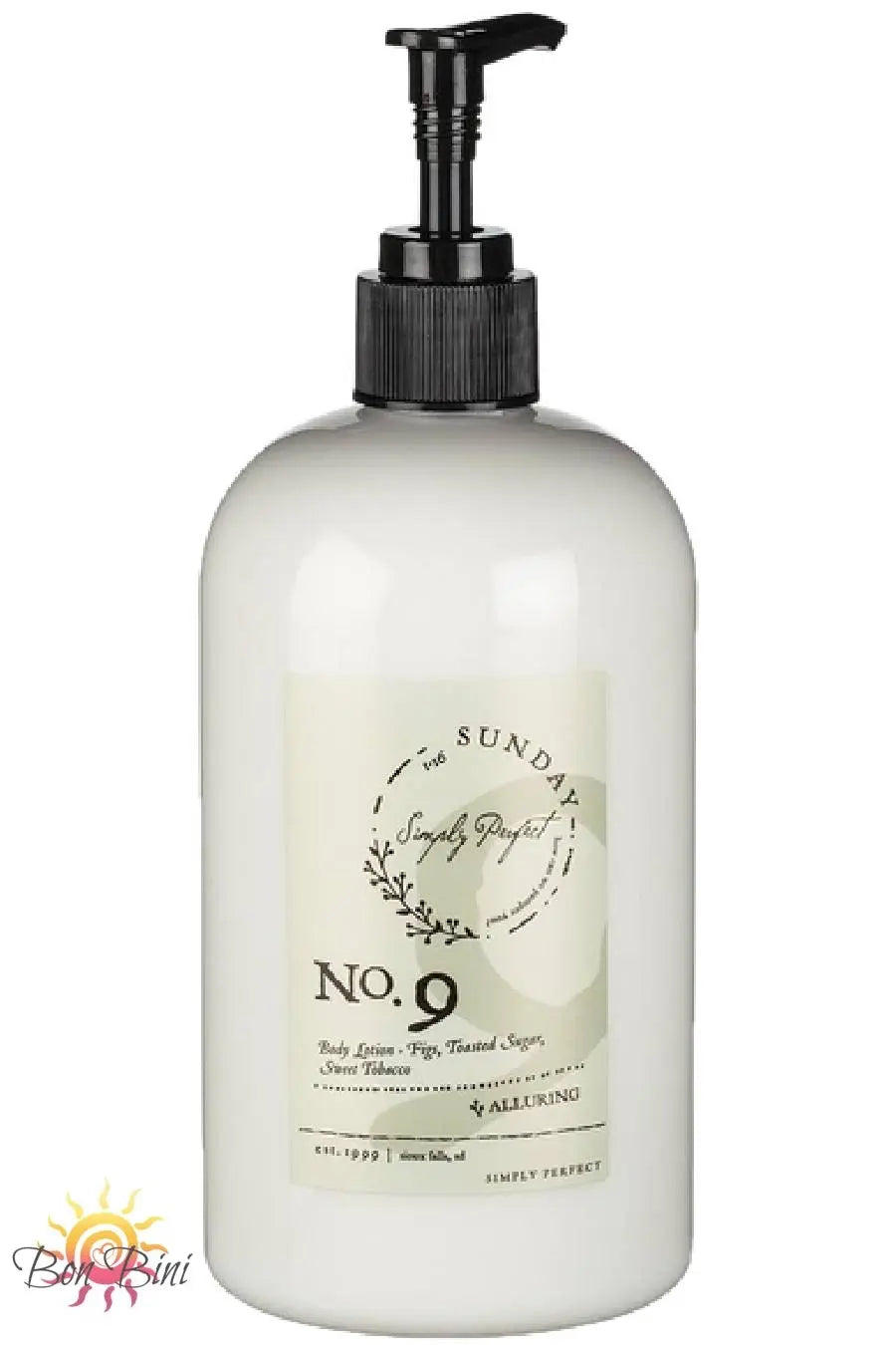 A pump bottle of No. 9 body lotion with an alluring scent, featuring a white label with black text and decorative elements.