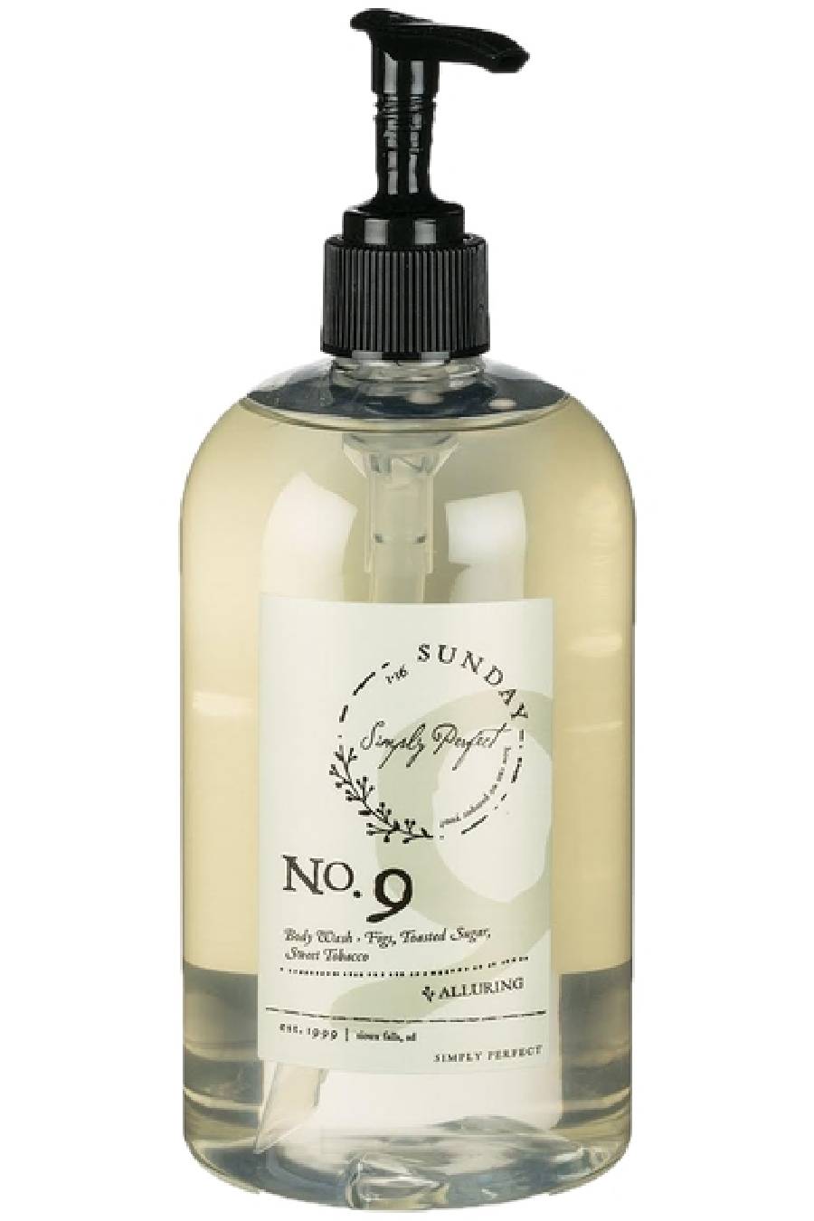A clear pump bottle of No. 9 body wash with a white label that includes the product name and a brief description.