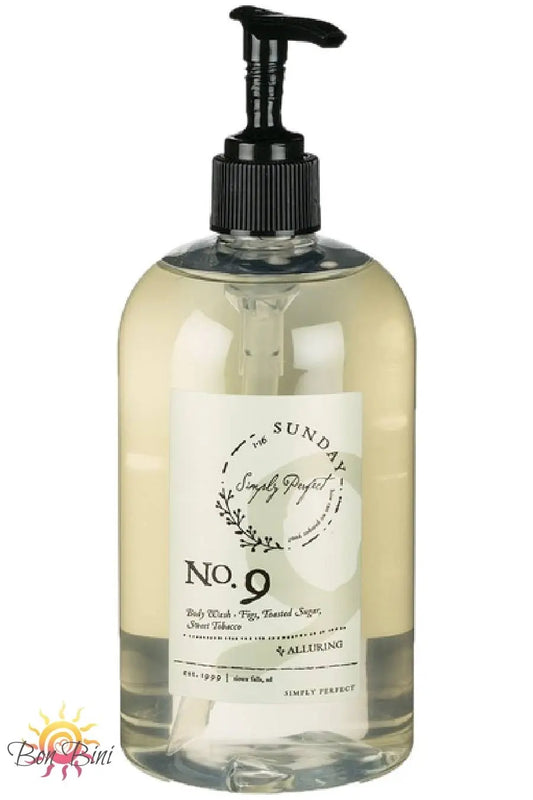 A clear pump bottle of No. 9 body wash with a white label that includes the product name and a brief description.