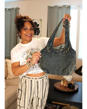 Load image into Gallery viewer, Ocean Teal Stripes Hobo Bag
