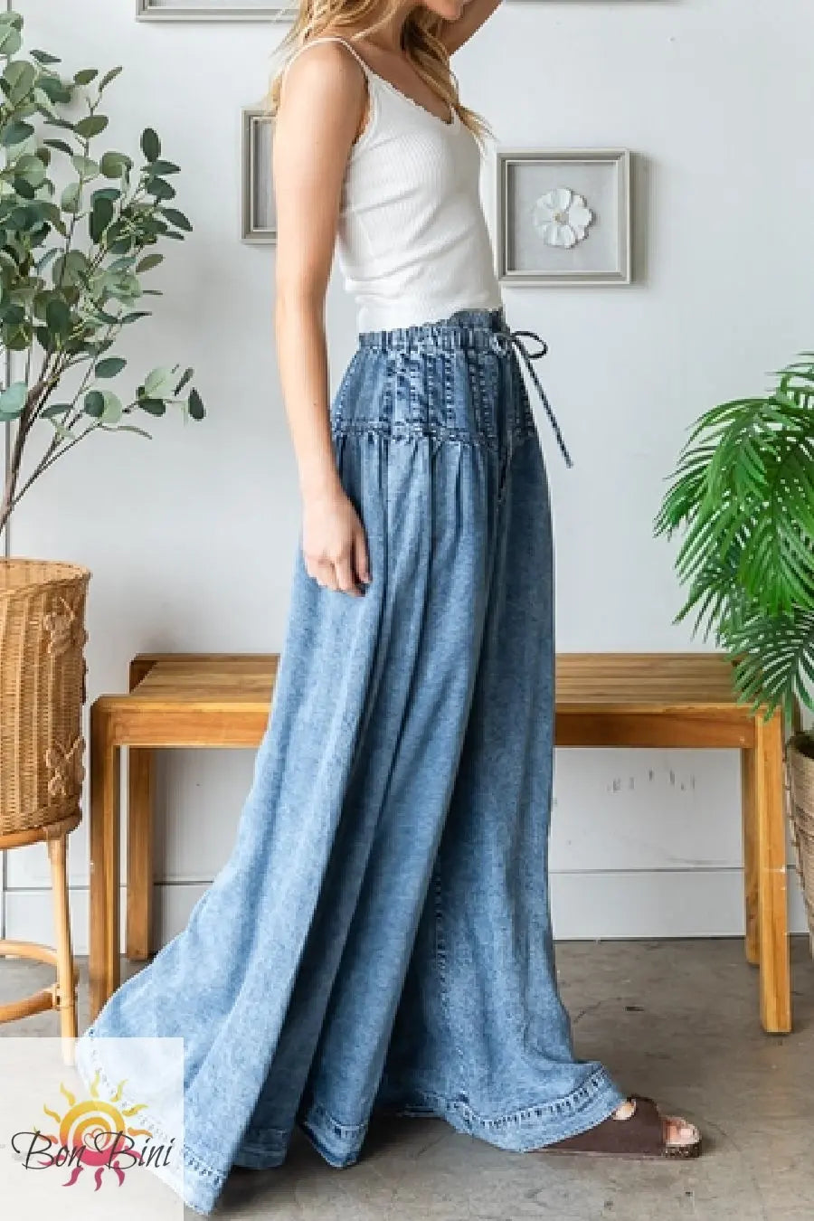 Denim Tencel Wide Legged Pintuck Smocked Waistband With Tie Button