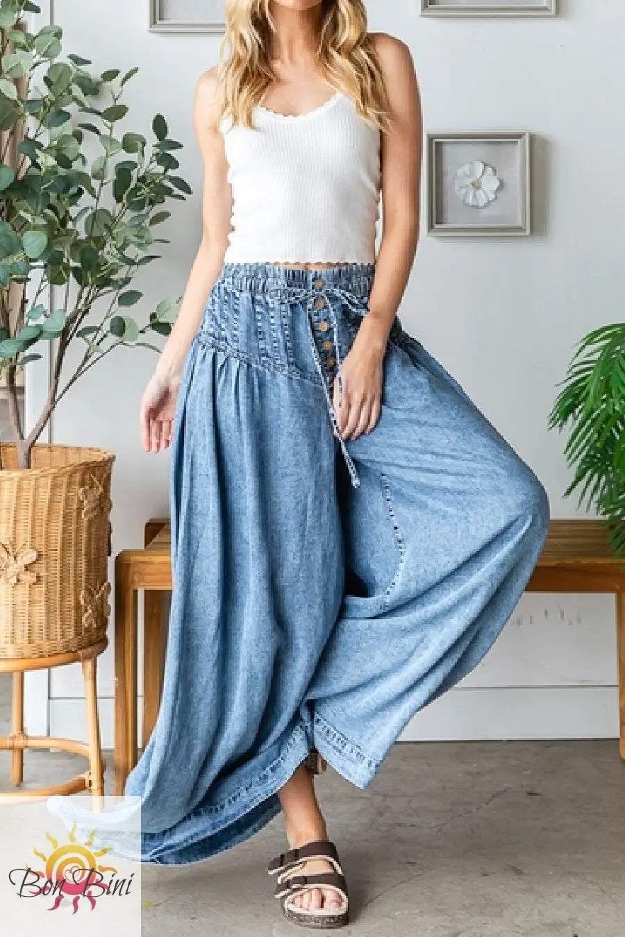 パンツ POEME BOHEMIAN tightfit long denim pants Denim Tencel Wide Legged Pintuck Smocked Waistband With Tie Button