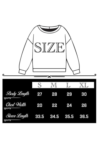 Sweatshirt with size label and measurement chart below on a white background