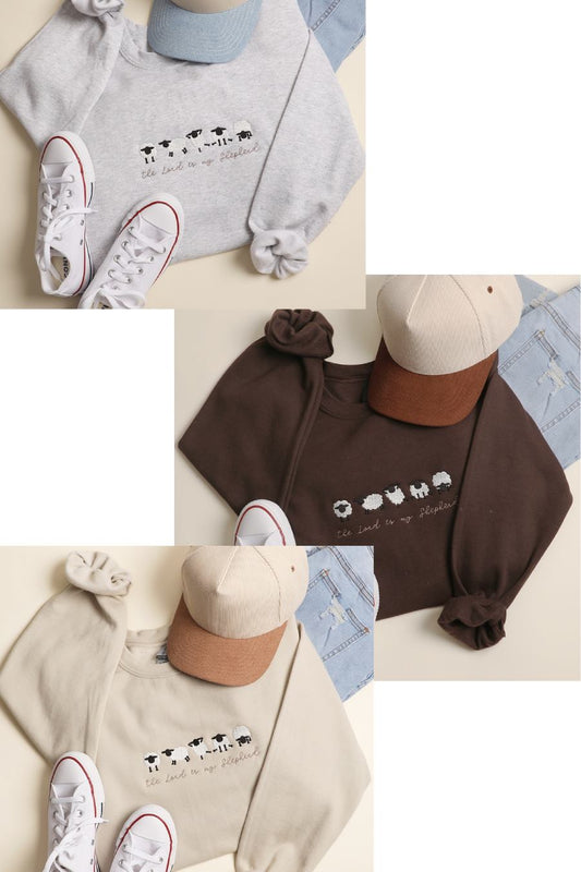Collage of the sweatshirt in it's 3 colors: light gray, dark brown, and sand.
