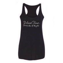 Load image into Gallery viewer, Black cross back tank with &quot;Island Time: Serenity,Love, &amp; Laughter&quot; in white fancy cursive font
