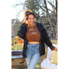 Load image into Gallery viewer, Front view of black fleece shacket layered with spice girl sweatshirt and light wash distressed jeans
