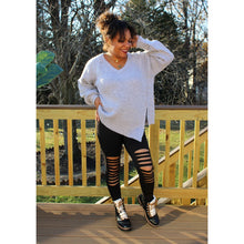 Load image into Gallery viewer, Front view of knee cut out black leggings with lavender grey sweater tunic 
