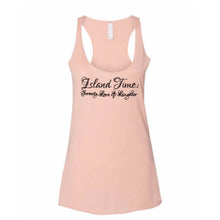 Load image into Gallery viewer, Peach orange cross back tank with &quot;Island Time: Serenity,Love, &amp; Laughter&quot; in black fancy cursive font
