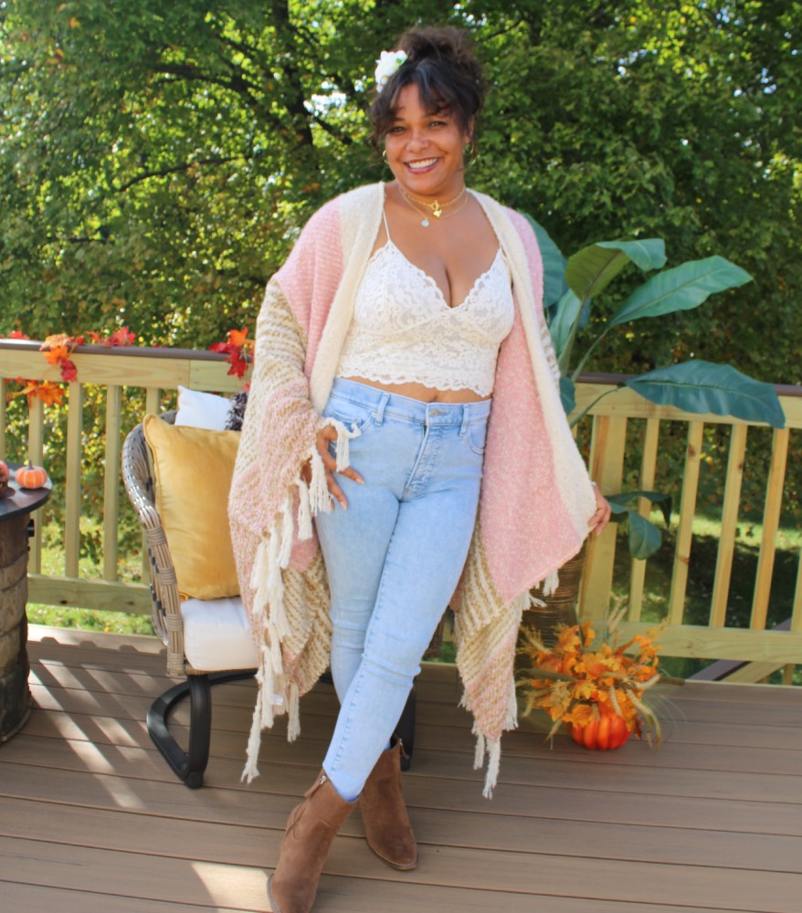 Pink Latte Sweater Kimono paired with cream lace brami, light blue jeans, and camel ankle boots.