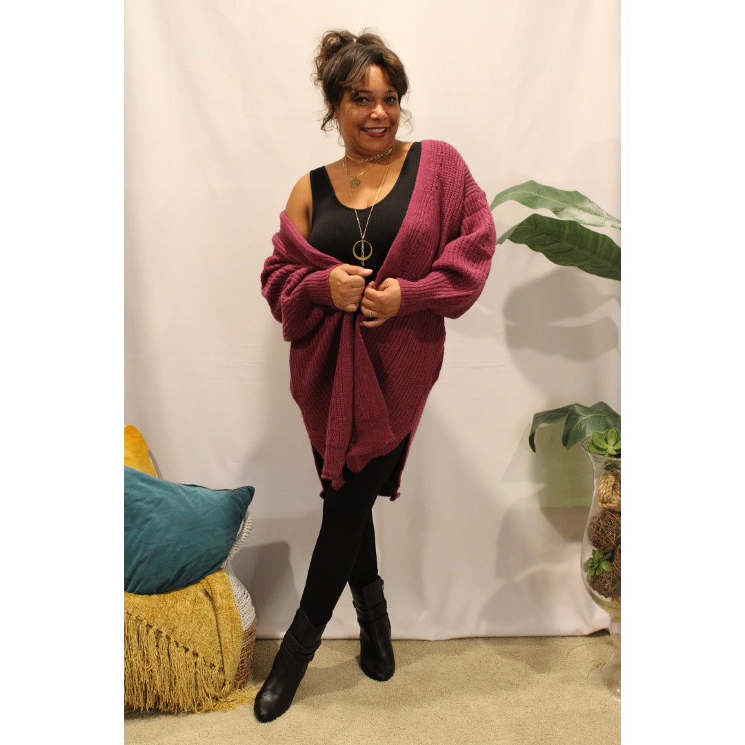 Plum Pointelle Knit Cardigan