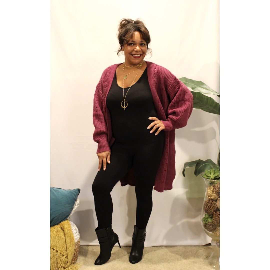 Plum Pointelle Knit Cardigan