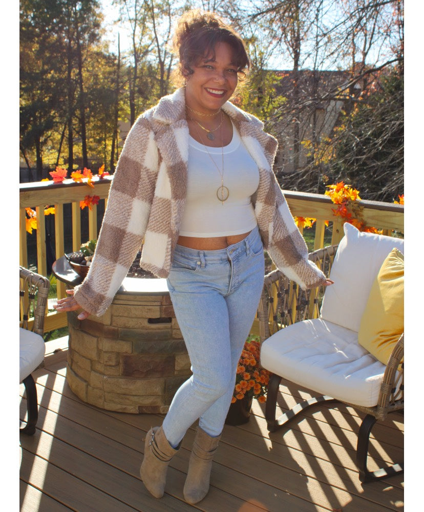 Toffee Plaid Faux Fur Jacket