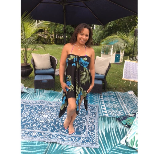 5'1 Model Wearing Blue Orchid Convertible Top/Skirt as Cover-Up