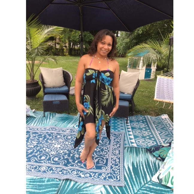5'1 Model Wearing Blue Orchid Convertible Top/Skirt as Cover-Up