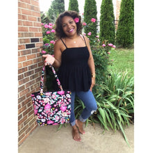 Load image into Gallery viewer, 5&#39;1 Model Wearing Black Convertible Babydoll Top/Skirt as a Top &amp; With Floral Paradise Quilted Tote Bag
