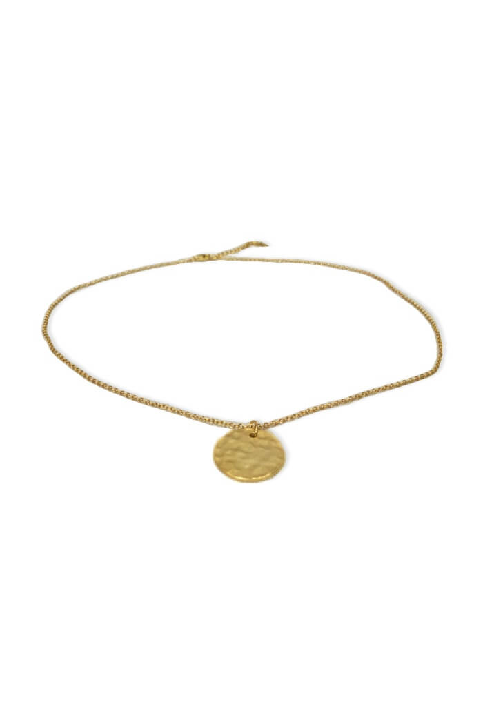Necklace with small hammered medallion pendant.