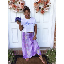 Load image into Gallery viewer, 5&#39;1 Model Wearing Lavender &amp; Lilacs Strapless Convertible Dress/Skirt Paired With Holographic Serenity, Love, &amp; Laughter Flowy Cropped Tee
