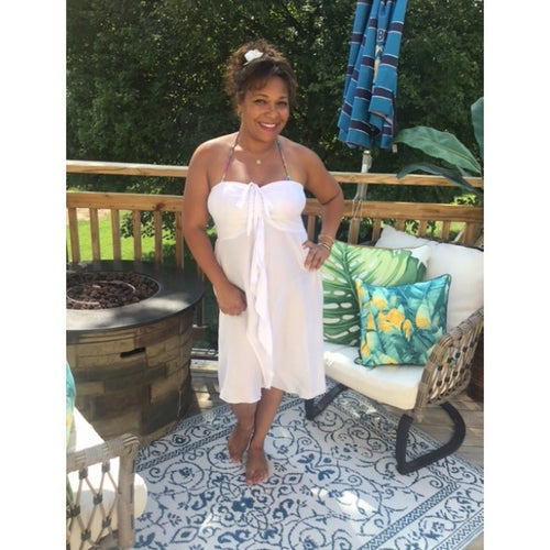 5'1 Model Wearing White Cascading Center Ruffles Knee-Length Sundress as Swimsuit Cover-Up